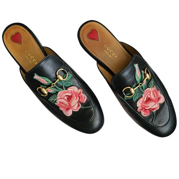 Gucci Princetown Horsebit Flat Mule Size 37.5 US 7.5 Black Leather Pink Floral - Picture 1 of 11